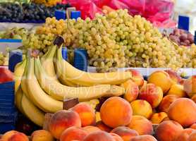 Fresh Organic Peaches, Grapes And Bananas
