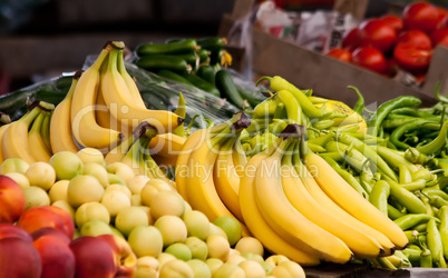 Fresh Organic Banana, Peach, Nectarine And Peppers