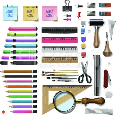 Set of office supplies on white background, vector illustration.