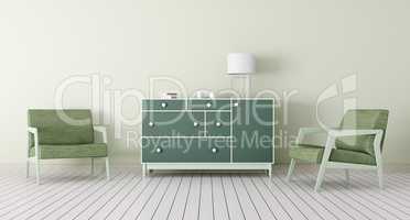 Interior with chest of drawers and armchairs 3d