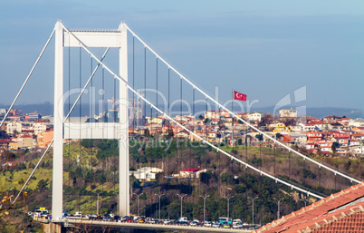 The Fatih Sultan Mehmet Bridge With Turkish Flag