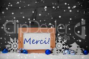 Blue Gray Christmas Decoration, Snow, Merci, Thanks, Snowflakes