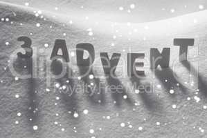 White Word 3 Advent Means Christmas Time On Snow, Snowflakes