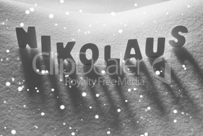 White Word Nikolaus Means St Nicholas On Snow, Snowflakes