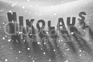 White Word Nikolaus Means St Nicholas On Snow, Snowflakes