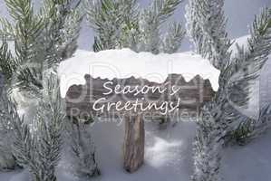 Christmas Sign Snow Fir Tree Branch Text Seasons Greetings