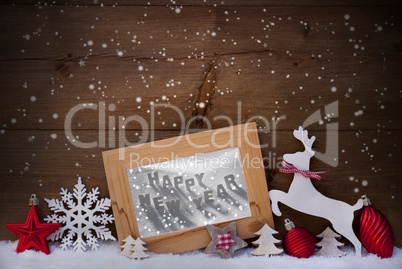 Red Christmas Card, Snowflake, Happy New Year, Reindeer And Ball