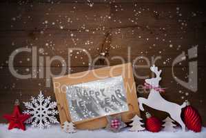 Red Christmas Card, Snowflake, Happy New Year, Reindeer And Ball