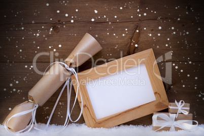 Chrsitmas Gifts With Copy Space On Snow, Snowflakes