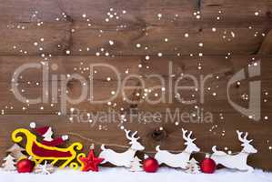 Santa Claus Sled, Reindeer, Snowflakes, Copy Space, Red Balls