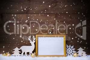 White, Golden Christmas Card With Copy Space And Snowflakes