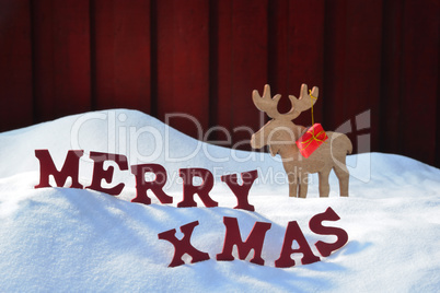 Christmas Card With Moose And Gift, Snow, Merry Xmas