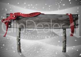 Gray Christmas Sign Copy Snow, Red Ribbon, Snowflakes