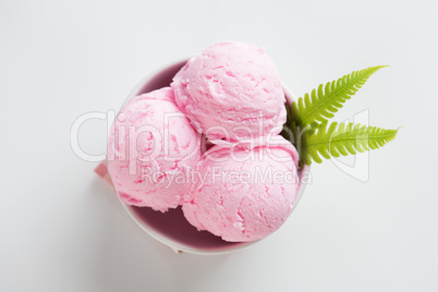 Top view pink ice cream in bowl