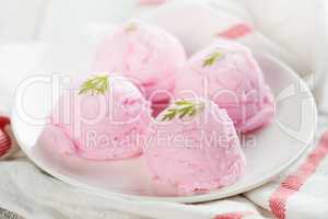 Close up strawberry ice cream on plate