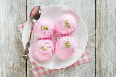 Top view strawberry ice cream on plate