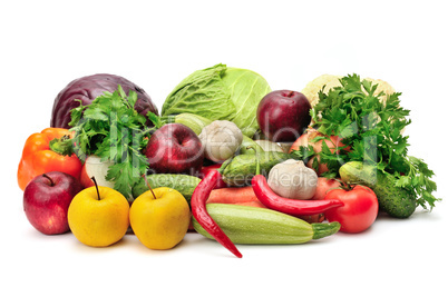 assortment fruits and vegetables on white