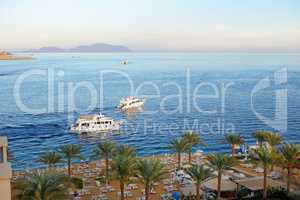 Sunset at Naama Bay, Red Sea and motor yachts, Sharm el Sheikh,