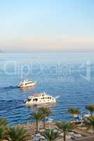 Sunset at Naama Bay, Red Sea and motor yachts, Sharm el Sheikh,
