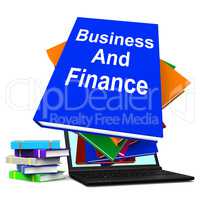 Business And Finance Book Stack Laptop Shows Businesses Finances
