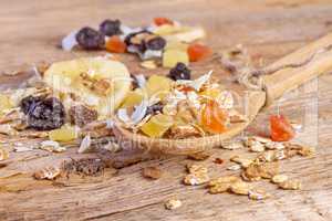Cereals muesli food in wooden spoon