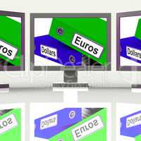 Dollar And Euros Folders Screen Show Global Currency Exchange