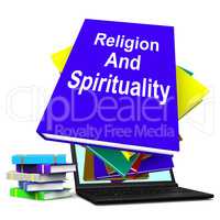 Religion And Spirituality Book Laptop Stack Shows Religious Spir