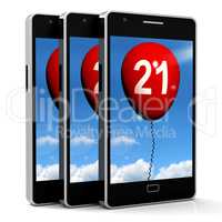 21 Balloon Phone Shows Twenty-first Happy Birthday Celebration