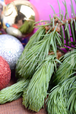 Decorated christmas tree - holiday background, green tree eve branch close up with christmas balls