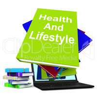 Health and Lifestyle Book Stack Laptop Shows Healthy Living