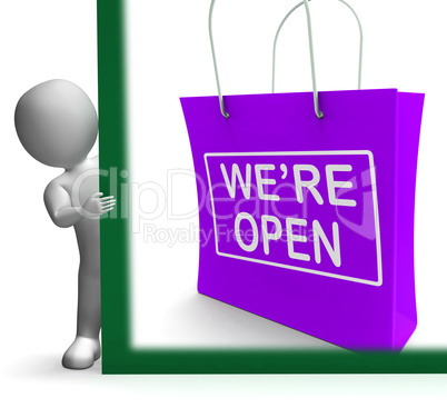 We're Open Shopping Bag Sign Shows New Store Launch