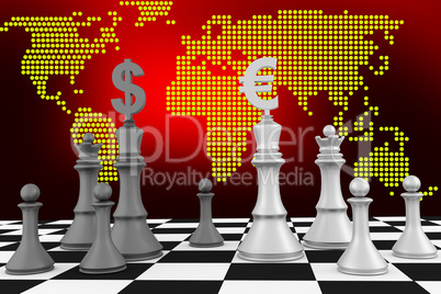 Chess pieces with dollar and euro sign and world map