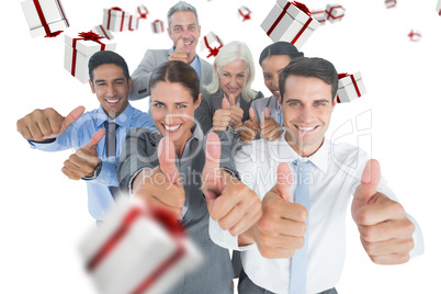 Composite image of happy business people looking at camera with