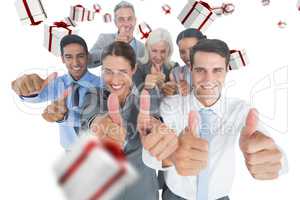 Composite image of happy business people looking at camera with