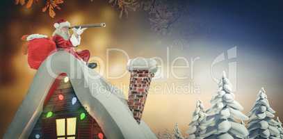 Composite image of santa sitting on roof of cottage