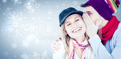 Composite image of young couple sharing a secret