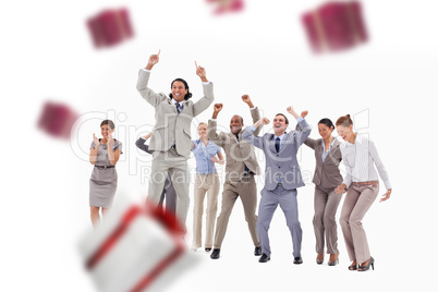 Composite image of very enthusiast business people jumping and r