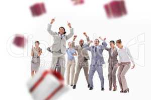 Composite image of very enthusiast business people jumping and r