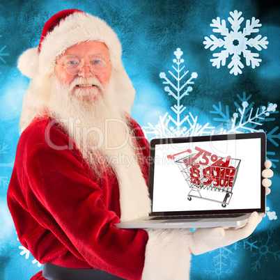 Composite image of santa claus presents a laptop