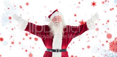 Composite image of jolly santa opens his arms to camera