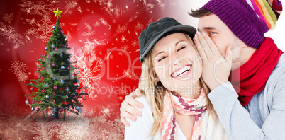 Composite image of young couple sharing a secret