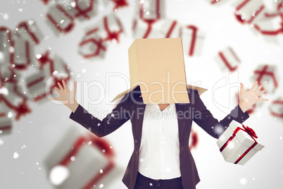 Composite image of anonymous businesswoman with her hands up