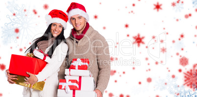 Composite image of young couple with many christmas presents