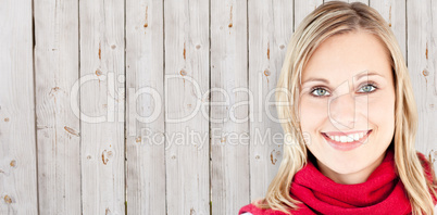 Composite image of portrait of a beautiful woman with a red scar