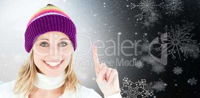 Composite image of positive woman showing up smiling at the came