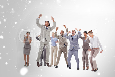 Composite image of very enthusiast business people jumping and r