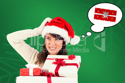 Composite image of cute brunette scratching head and holding gif