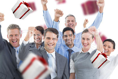 Composite image of business people cheering in office