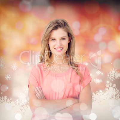 Composite image of pretty hipster looking at camera with arms cr