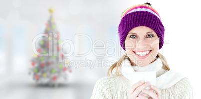 Composite image of glowing woman wearing a white pullover and a